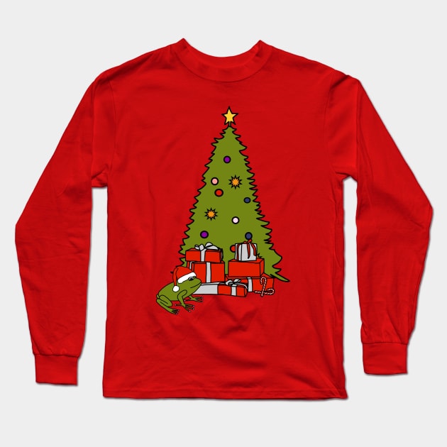 Santa Hat on Frog and Christmas Tree Long Sleeve T-Shirt by ellenhenryart